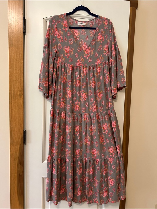 NATURAL LIFE Dresses & Skirts - NATURAL LIFE Charlotte Gray Maxi Dress with Pink Floral Print Bell Sleeve